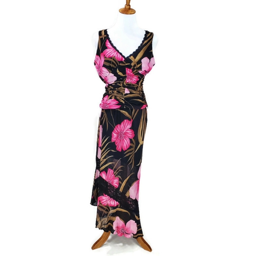 Cache Black Floral Two-Piece Skirt Set with Pink & Brown Print